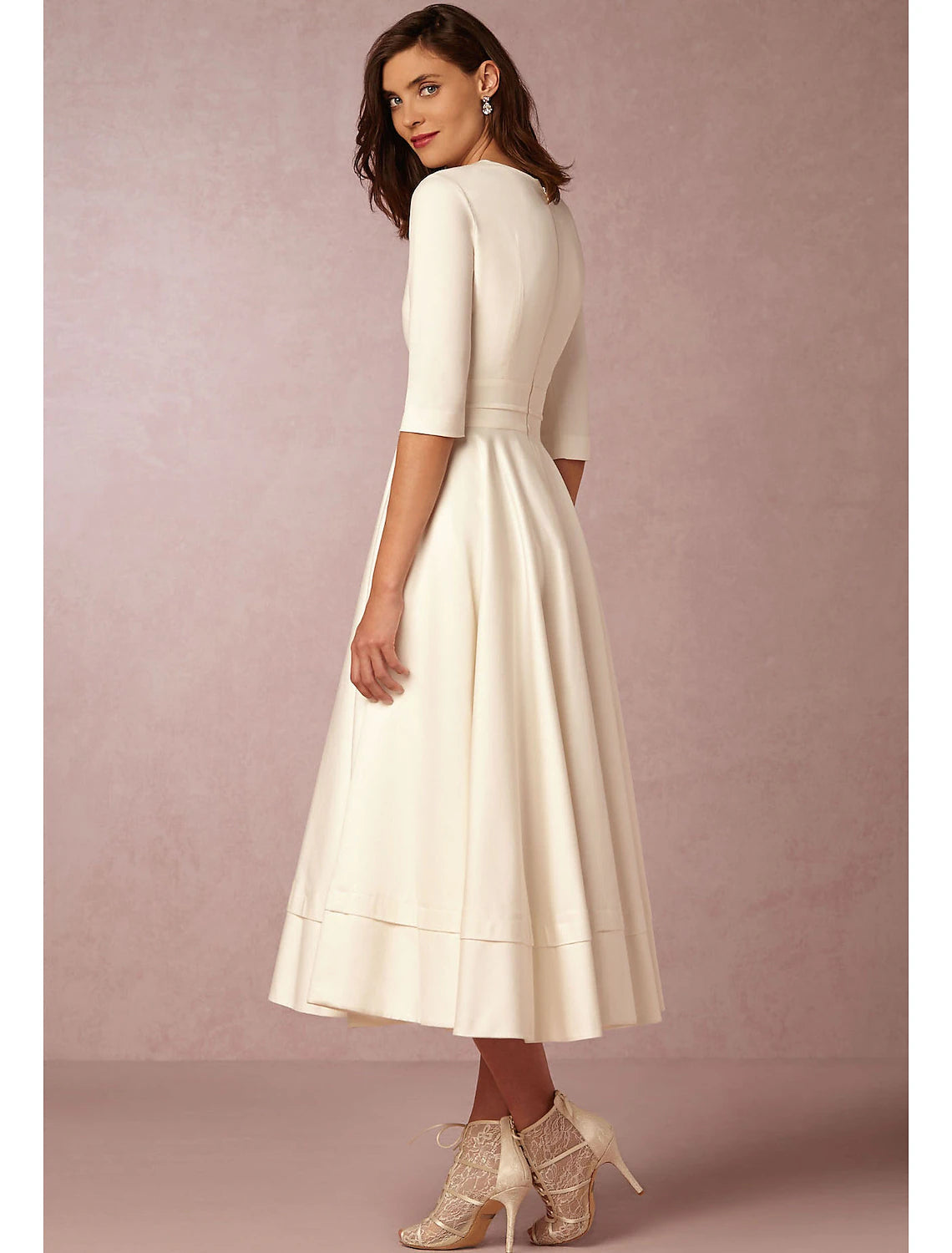 Wholesale A-Line Special Occasion Dresses Party Dress Holiday Tea Length Half Sleeve V Neck Pocket Jersey with Pleats